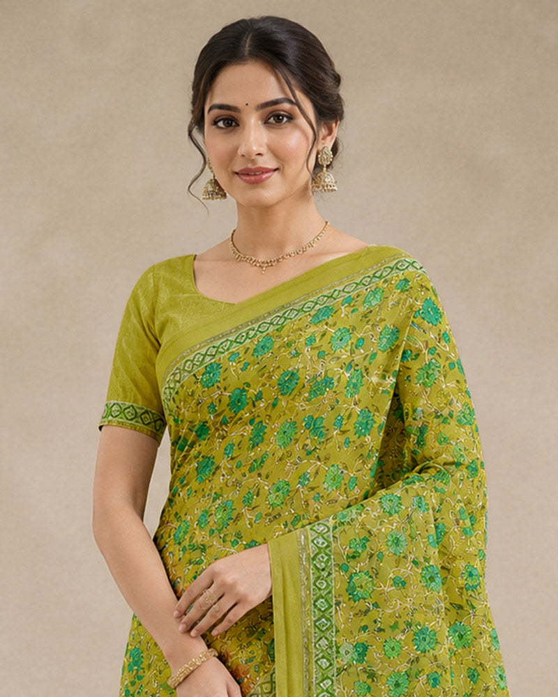 Vishal Prints Dark Olive Yellow Digital Print Georgette Saree