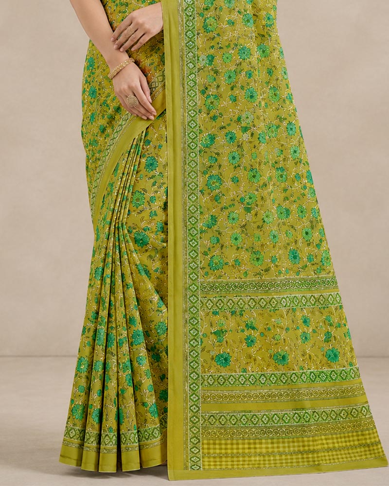 Vishal Prints Dark Olive Yellow Digital Print Georgette Saree