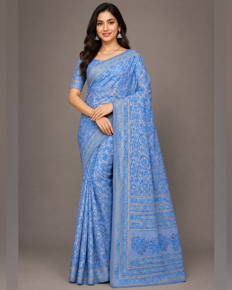 Vishal Prints Deep Celestial Blue Digital Print Georgette Saree
