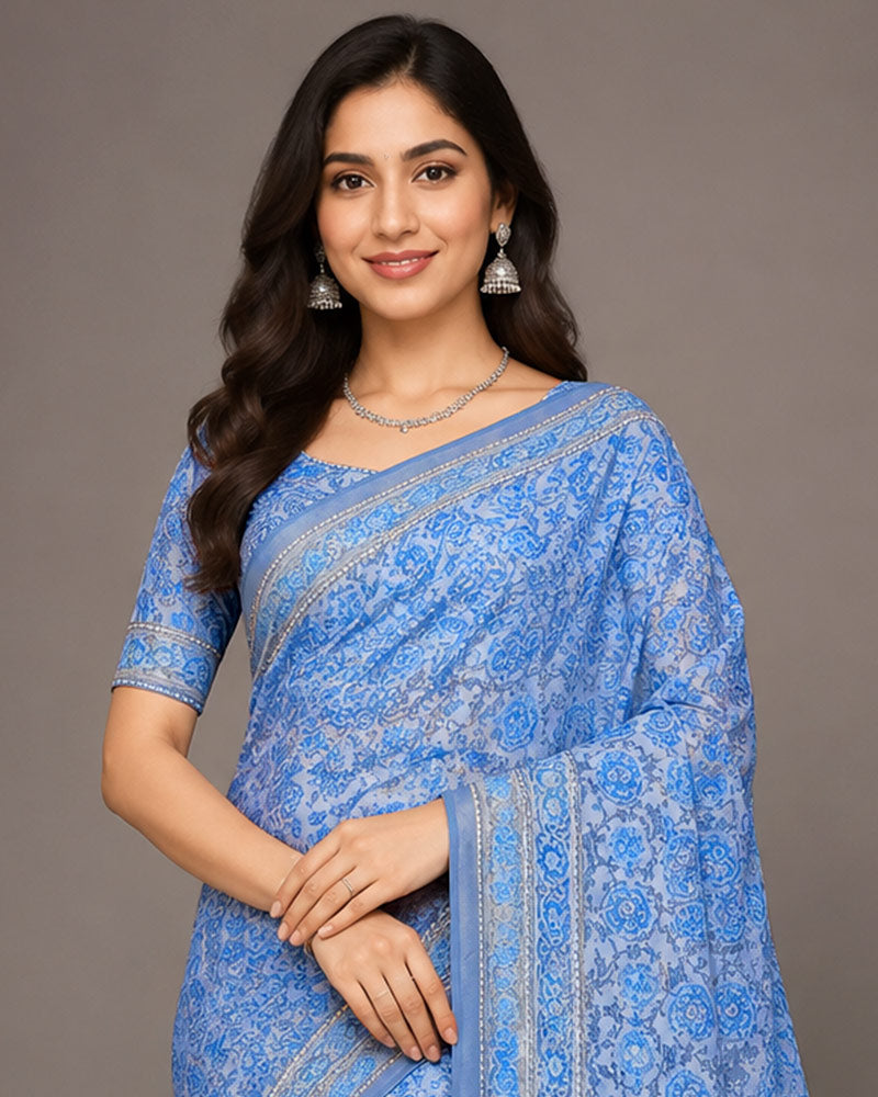 Vishal Prints Deep Celestial Blue Digital Print Georgette Saree