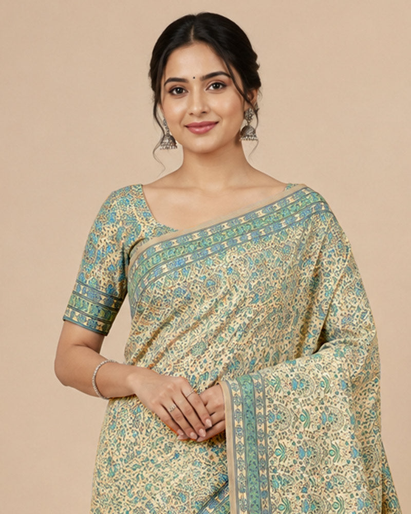 Vishal Prints Pastel Beige And Spanish Green Digital Print Georgette Saree