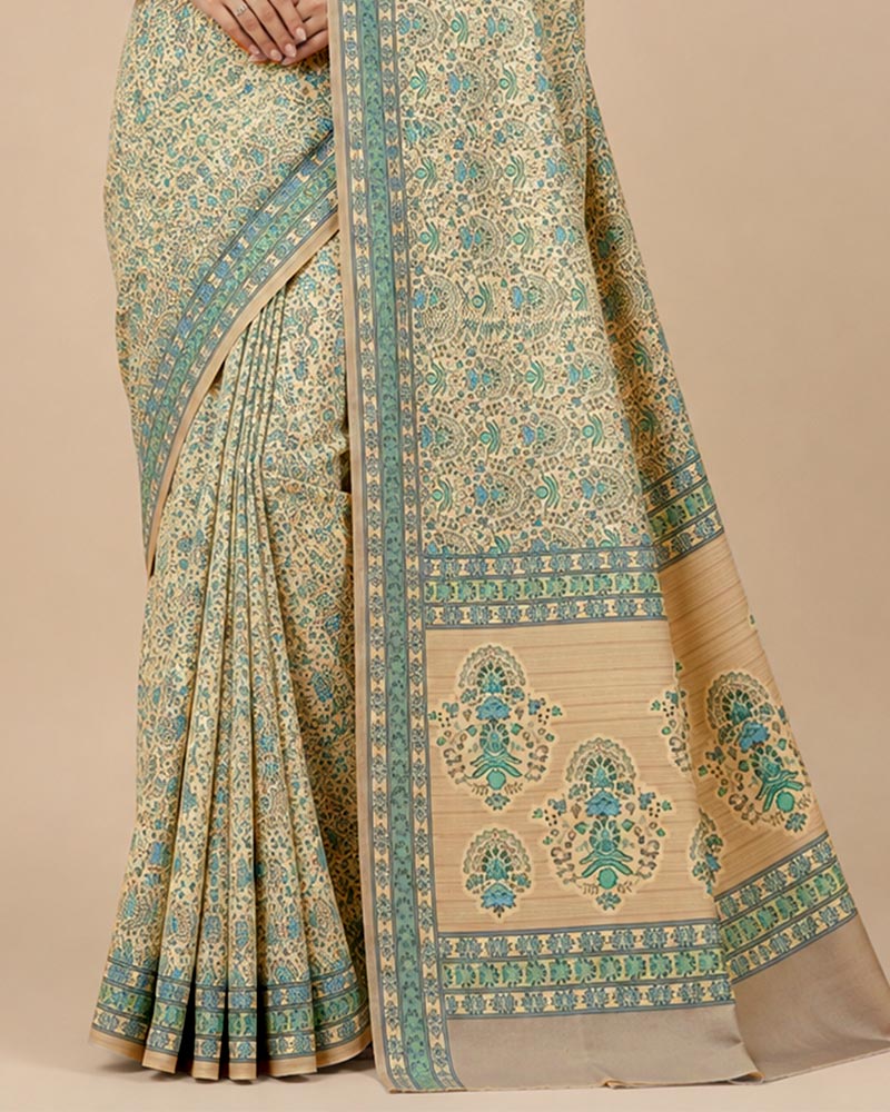 Vishal Prints Pastel Beige And Spanish Green Digital Print Georgette Saree