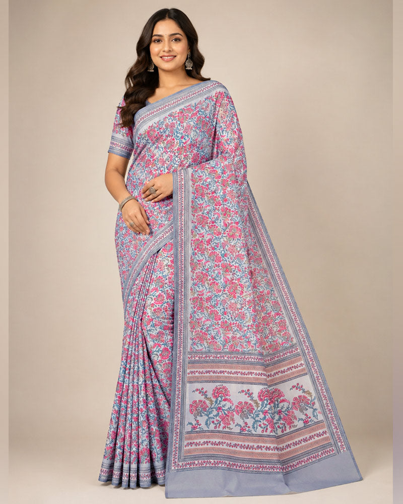 Vishal Prints Dusty Grey And Pink Digital Print Georgette Saree