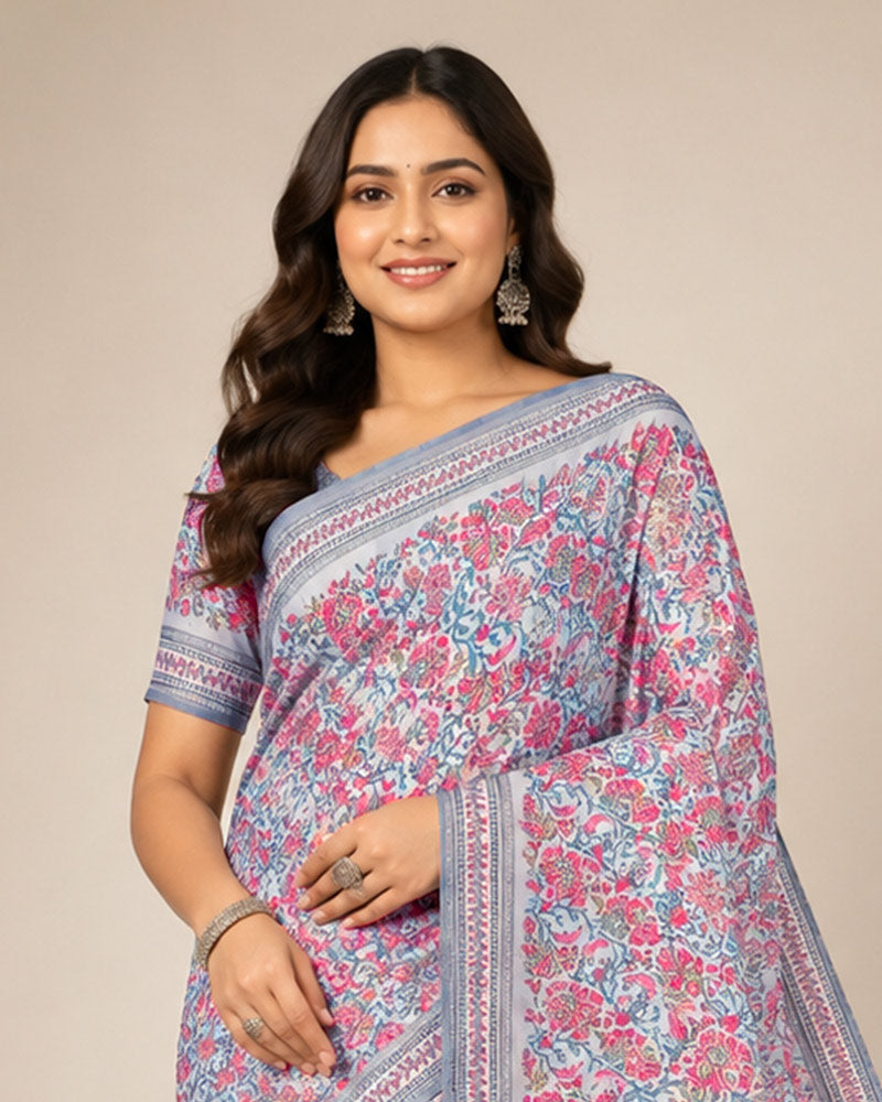 Vishal Prints Dusty Grey And Pink Digital Print Georgette Saree