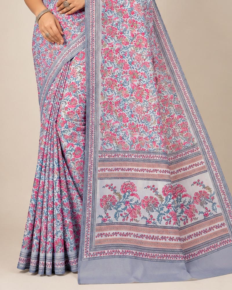 Vishal Prints Dusty Grey And Pink Digital Print Georgette Saree