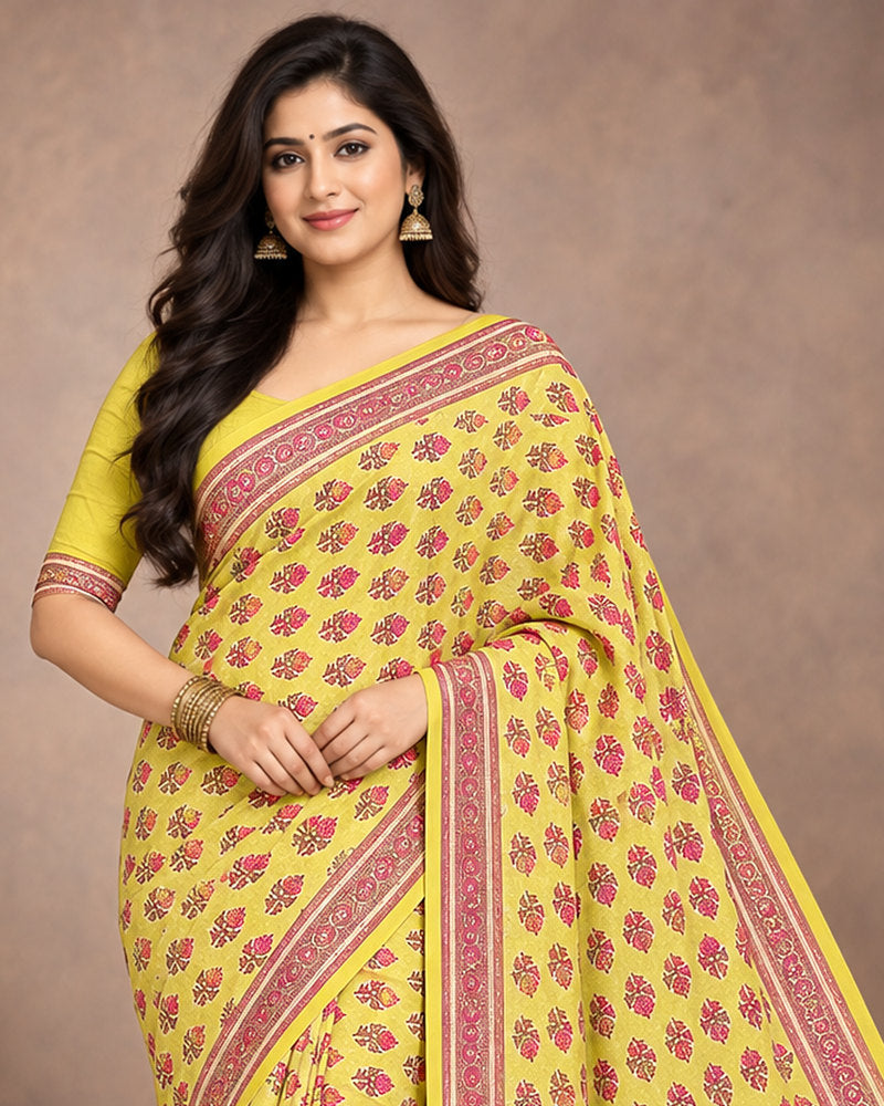 Vishal Prints Straw Yellow Digital Print Georgette Saree