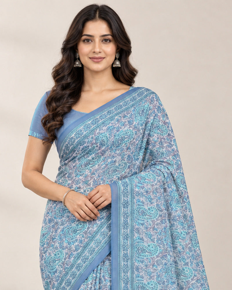 Vishal Prints Light Bluish Grey Digital Print Georgette Saree