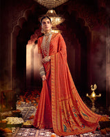 Vishal Prints Dusty Orange Designer Printed Pure Brasso Saree With Diamond Work-Core Piping And Tassel