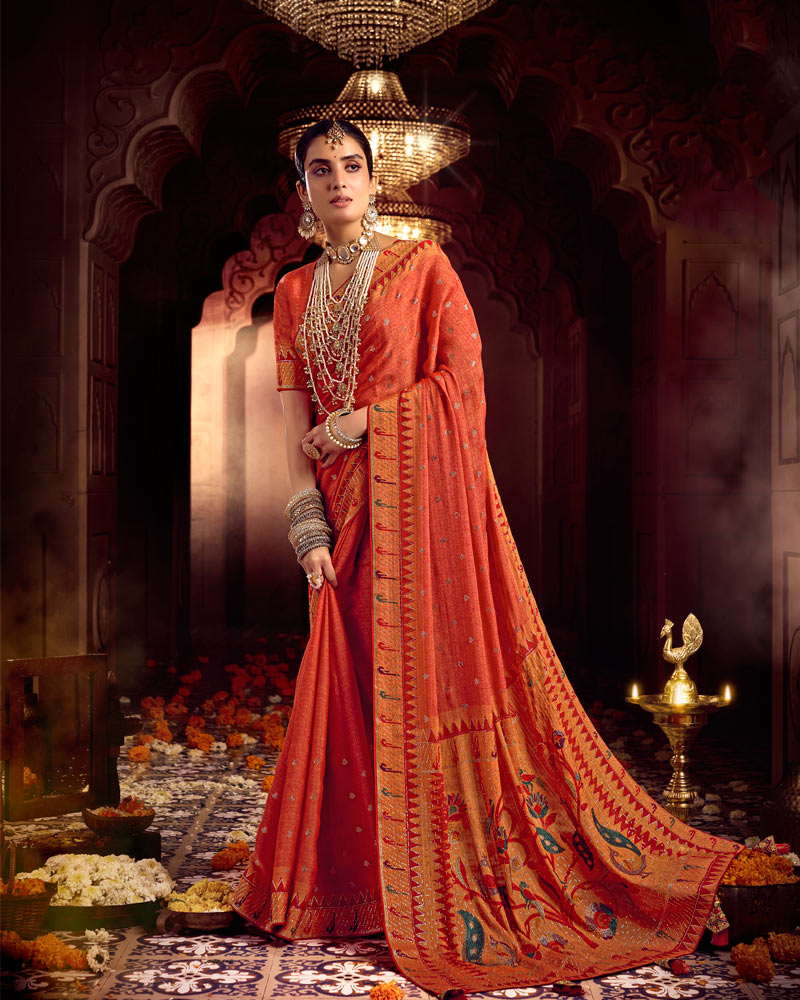 Vishal Prints Dusty Orange Designer Printed Pure Brasso Saree With Diamond Work-Core Piping And Tassel