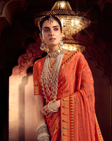 Vishal Prints Dusty Orange Designer Printed Pure Brasso Saree With Diamond Work-Core Piping And Tassel