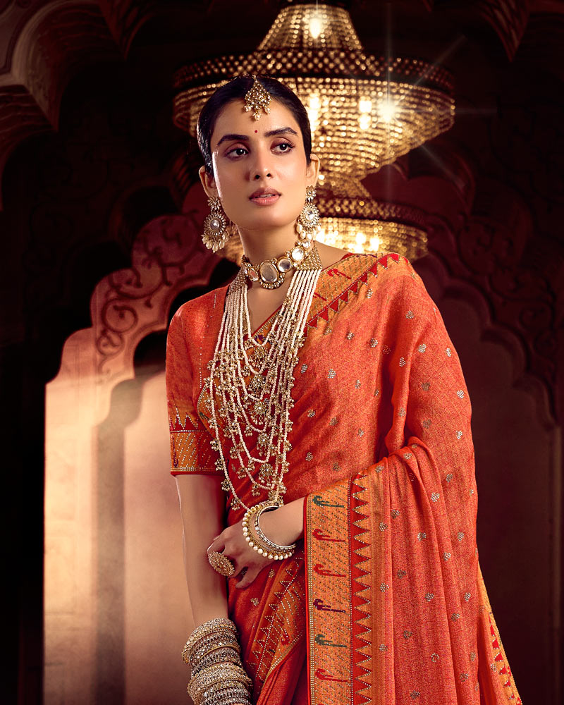 Vishal Prints Dusty Orange Designer Printed Pure Brasso Saree With Diamond Work-Core Piping And Tassel