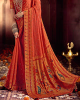 Vishal Prints Dusty Orange Designer Printed Pure Brasso Saree With Diamond Work-Core Piping And Tassel