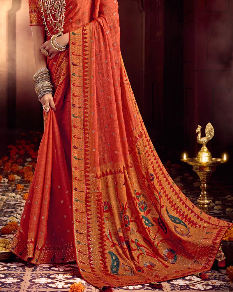 Vishal Prints Dusty Orange Designer Printed Pure Brasso Saree With Diamond Work-Core Piping And Tassel