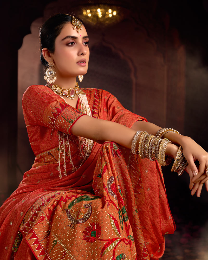 Vishal Prints Dusty Orange Designer Printed Pure Brasso Saree With Diamond Work-Core Piping And Tassel