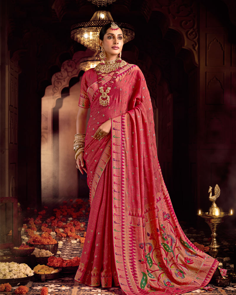 Vishal Prints Dusty Faded Red Designer Printed Pure Brasso Saree With Diamond Work-Core Piping And Tassel