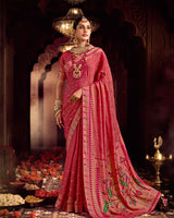 Vishal Prints Dusty Faded Red Designer Printed Pure Brasso Saree With Diamond Work-Core Piping And Tassel