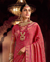Vishal Prints Dusty Faded Red Designer Printed Pure Brasso Saree With Diamond Work-Core Piping And Tassel