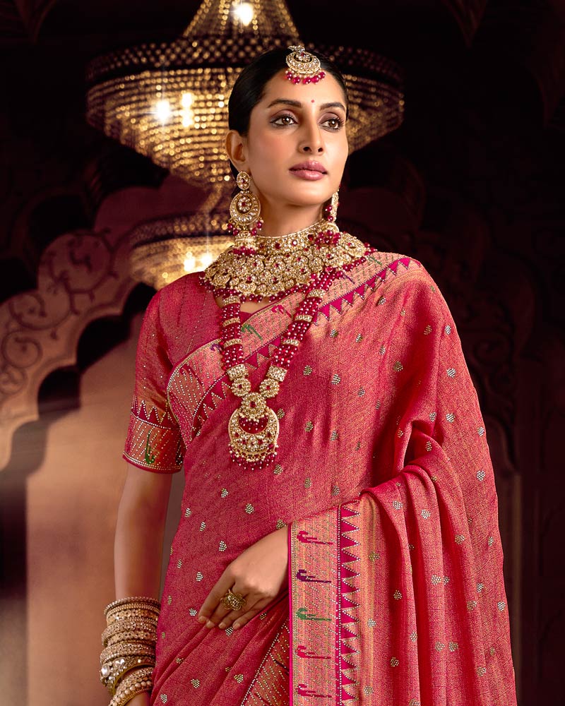 Vishal Prints Dusty Faded Red Designer Printed Pure Brasso Saree With Diamond Work-Core Piping And Tassel