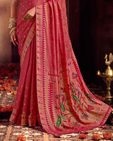 Vishal Prints Dusty Faded Red Designer Printed Pure Brasso Saree With Diamond Work-Core Piping And Tassel