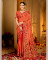 Vishal Prints Red Orange Designer Printed Pure Brasso Saree With Diamond Work-Core Piping And Tassel