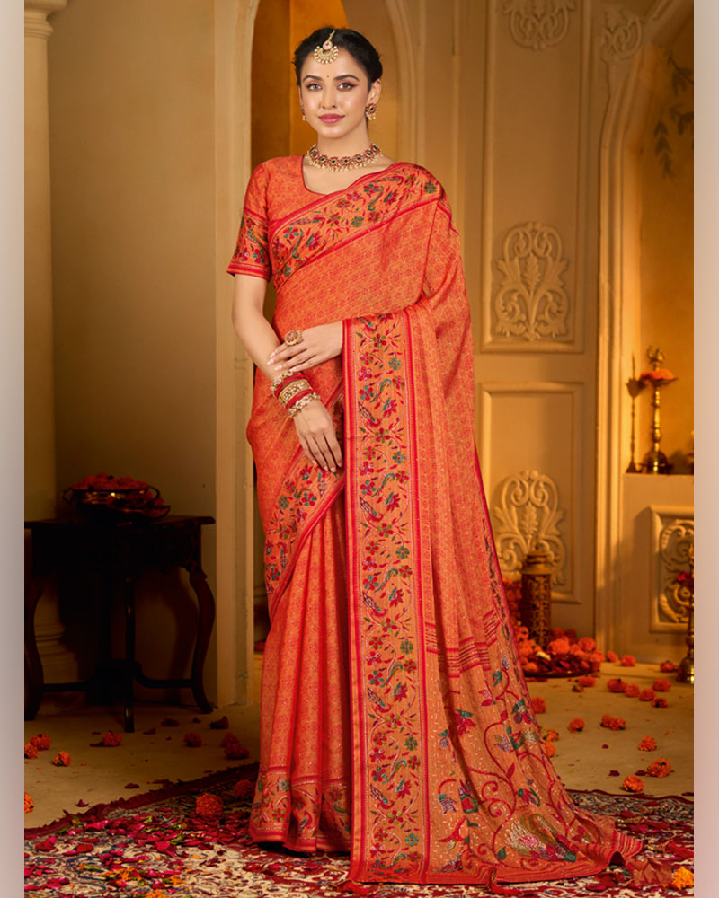 Vishal Prints Red Orange Designer Printed Pure Brasso Saree With Diamond Work-Core Piping And Tassel