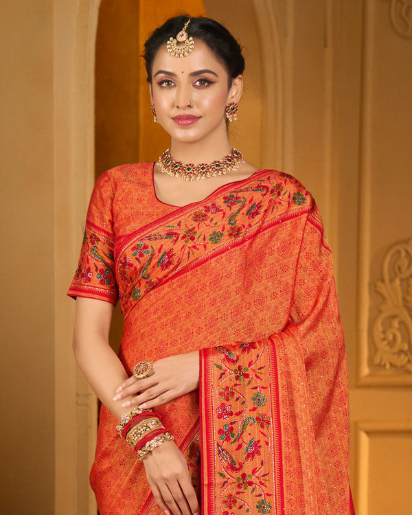 Vishal Prints Red Orange Designer Printed Pure Brasso Saree With Diamond Work-Core Piping And Tassel