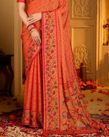 Vishal Prints Red Orange Designer Printed Pure Brasso Saree With Diamond Work-Core Piping And Tassel