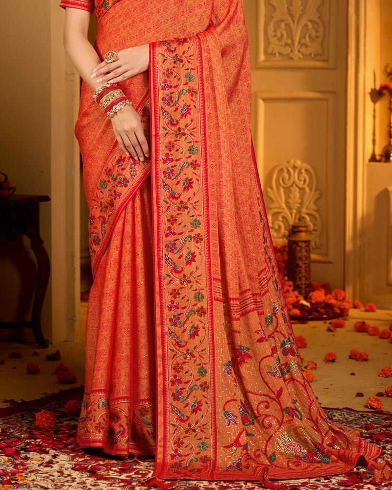 Vishal Prints Red Orange Designer Printed Pure Brasso Saree With Diamond Work-Core Piping And Tassel