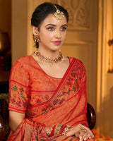 Vishal Prints Red Orange Designer Printed Pure Brasso Saree With Diamond Work-Core Piping And Tassel