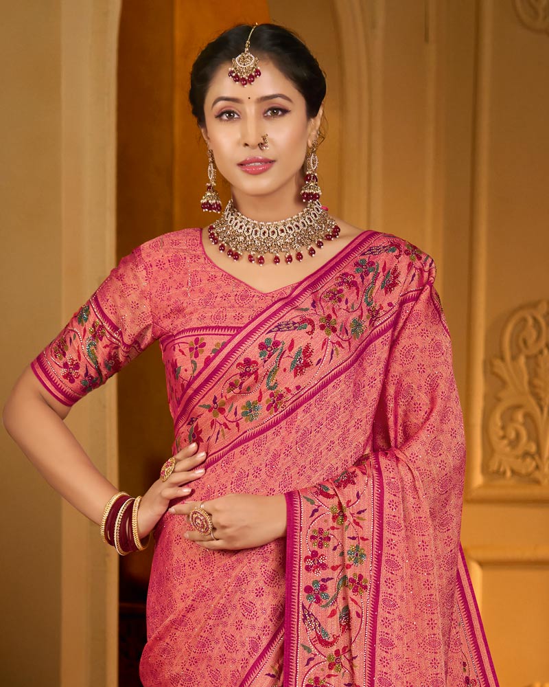 Vishal Prints Light Carmine Pink Designer Printed Pure Brasso Saree With Diamond Work-Core Piping And Tassel
