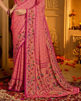 Vishal Prints Light Carmine Pink Designer Printed Pure Brasso Saree With Diamond Work-Core Piping And Tassel