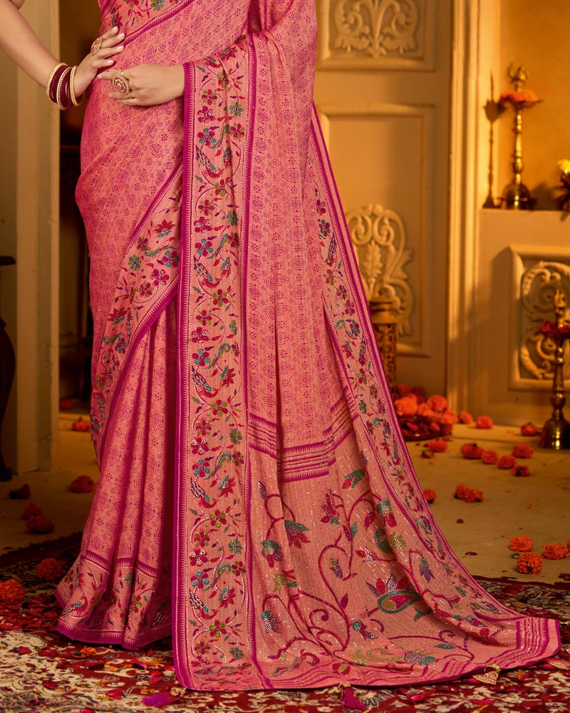 Vishal Prints Light Carmine Pink Designer Printed Pure Brasso Saree With Diamond Work-Core Piping And Tassel