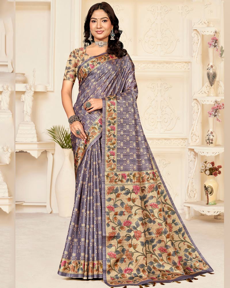 Vishal Prints Dusty Grey Digital Printed Poly Cotton Saree With Tassel
