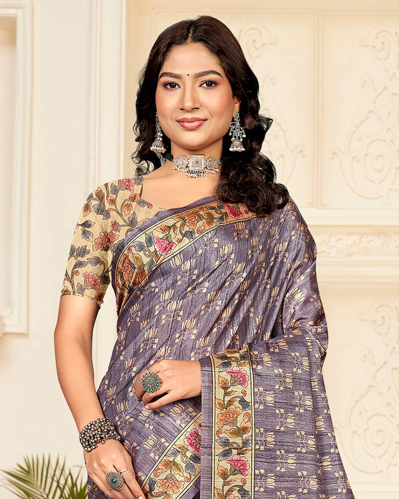 Vishal Prints Dusty Grey Digital Printed Poly Cotton Saree With Tassel