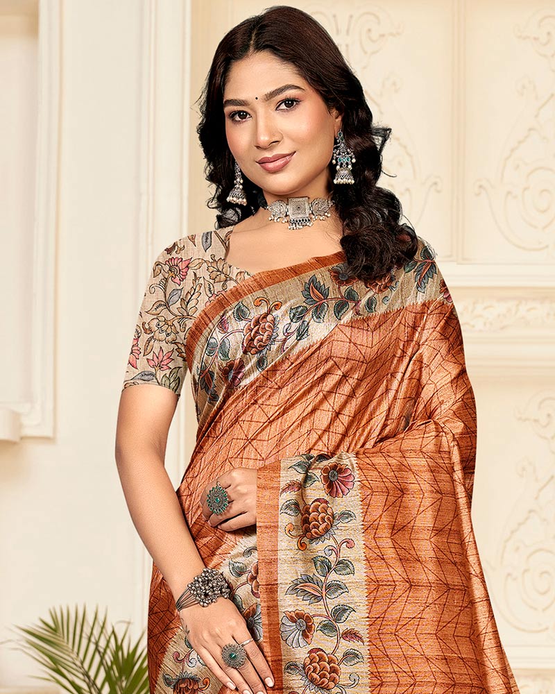 Vishal Prints Pastel Persian Orange Digital Printed Poly Cotton Saree With Tassel