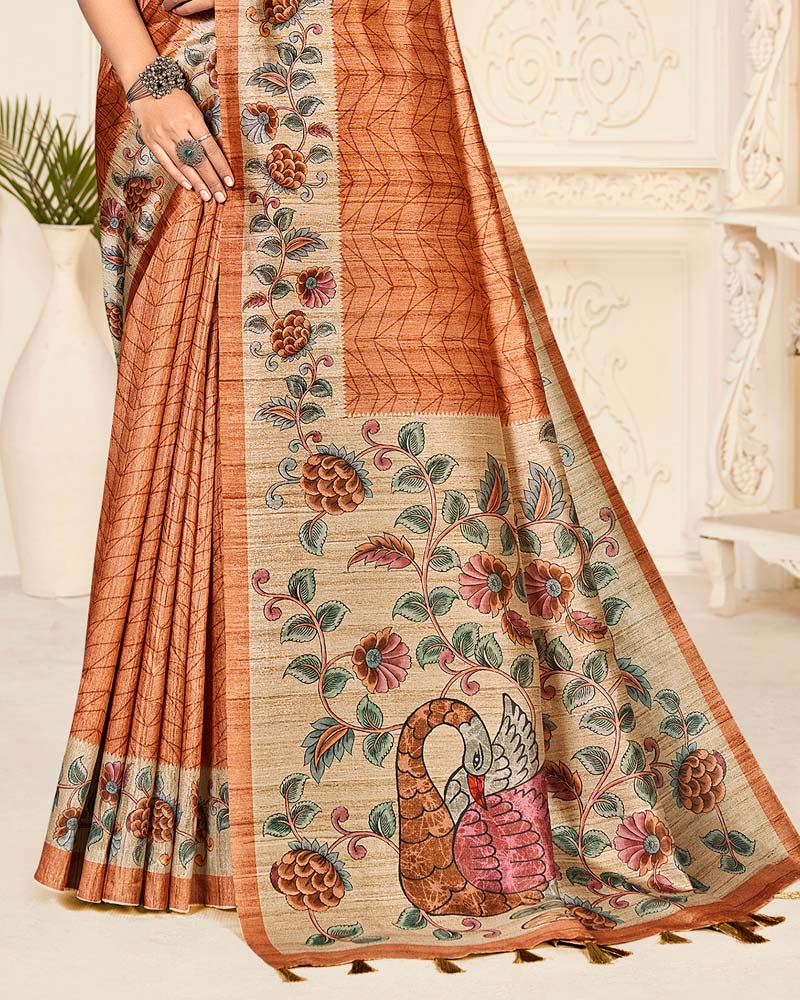 Vishal Prints Pastel Persian Orange Digital Printed Poly Cotton Saree With Tassel