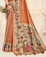 Vishal Prints Pastel Persian Orange Digital Printed Poly Cotton Saree With Tassel