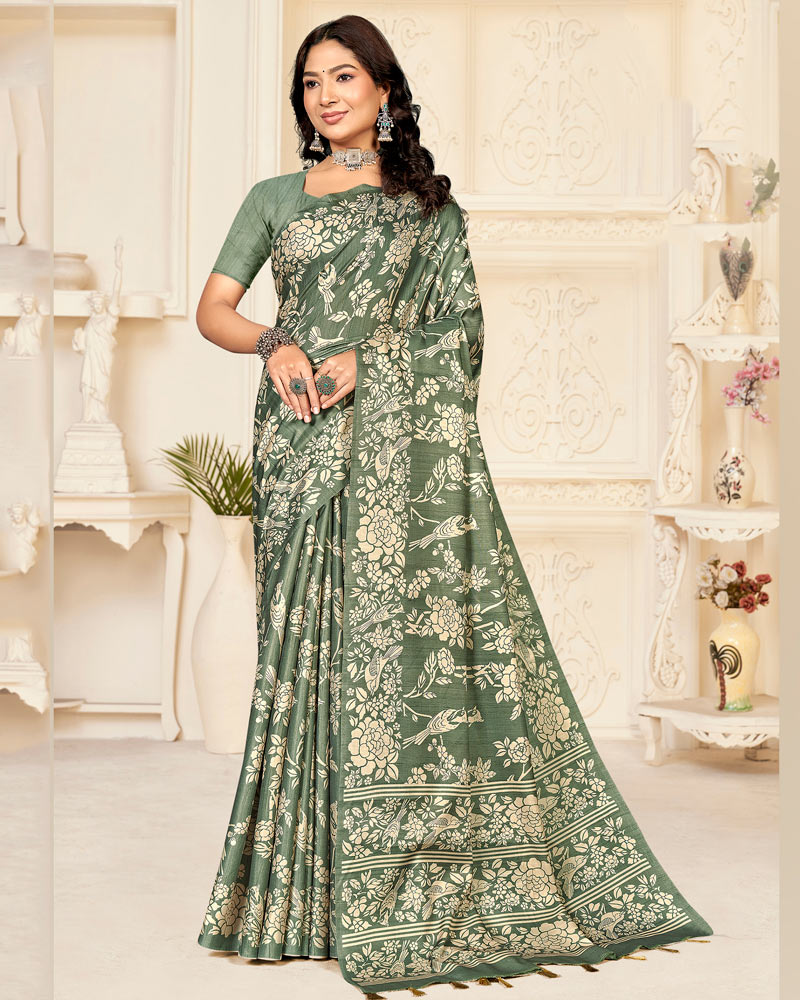 Vishal Prints Spanish Green Digital Printed Poly Cotton Saree With Tassel