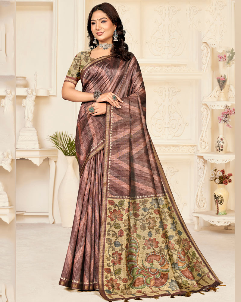 Vishal Prints Brownish Pink Digital Printed Poly Cotton Saree With Tassel