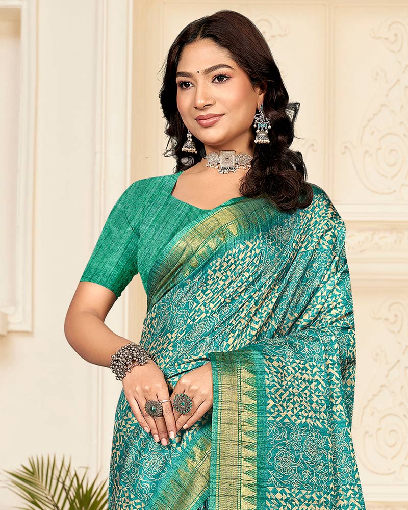 Vishal Prints Light Sea Green Digital Printed Poly Cotton Saree With Tassel