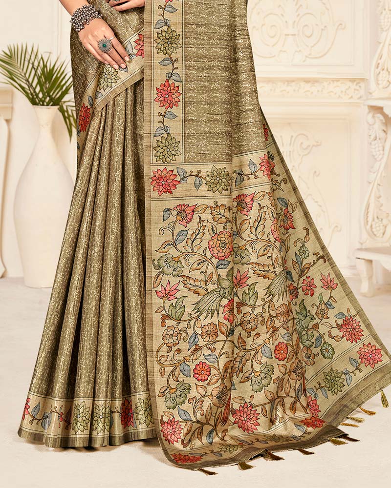 Vishal Prints Dark Beige Digital Printed Poly Cotton Saree With Tassel