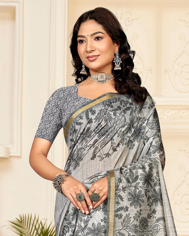 Vishal Prints French Grey Digital Printed Poly Cotton Saree With Tassel