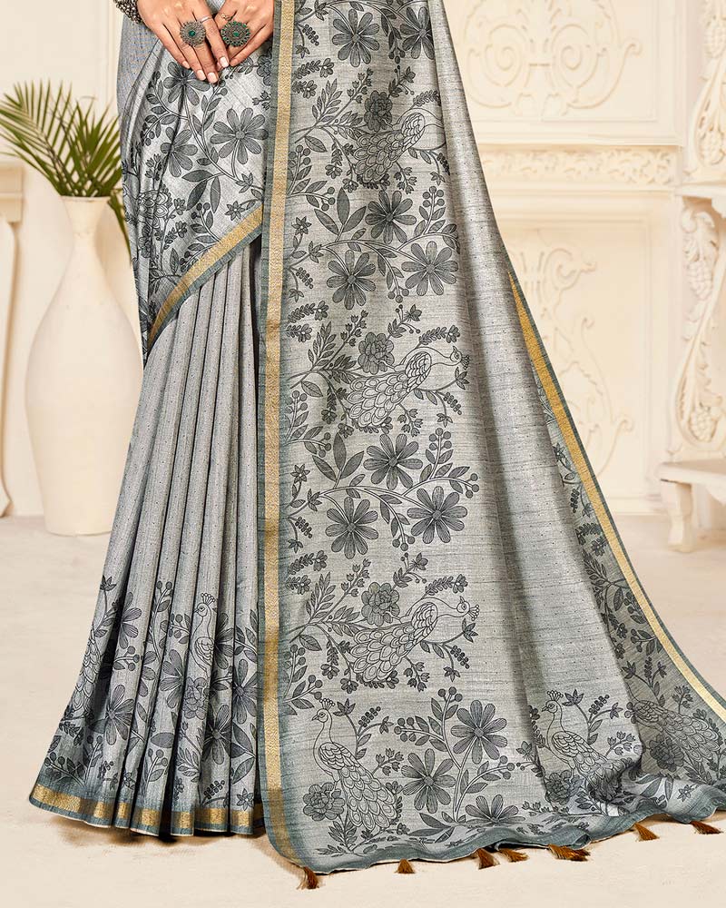 Vishal Prints French Grey Digital Printed Poly Cotton Saree With Tassel