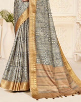 Vishal Prints Dusty Grey Digital Printed Poly Cotton Saree With Tassel