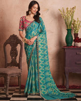 Vishal Prints Fountain Blue Printed Fancy Brasso Saree With Cut Work Border
