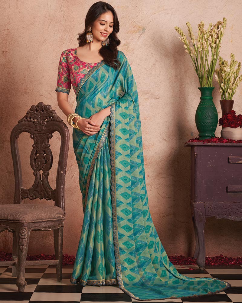 Vishal Prints Fountain Blue Printed Fancy Brasso Saree With Cut Work Border