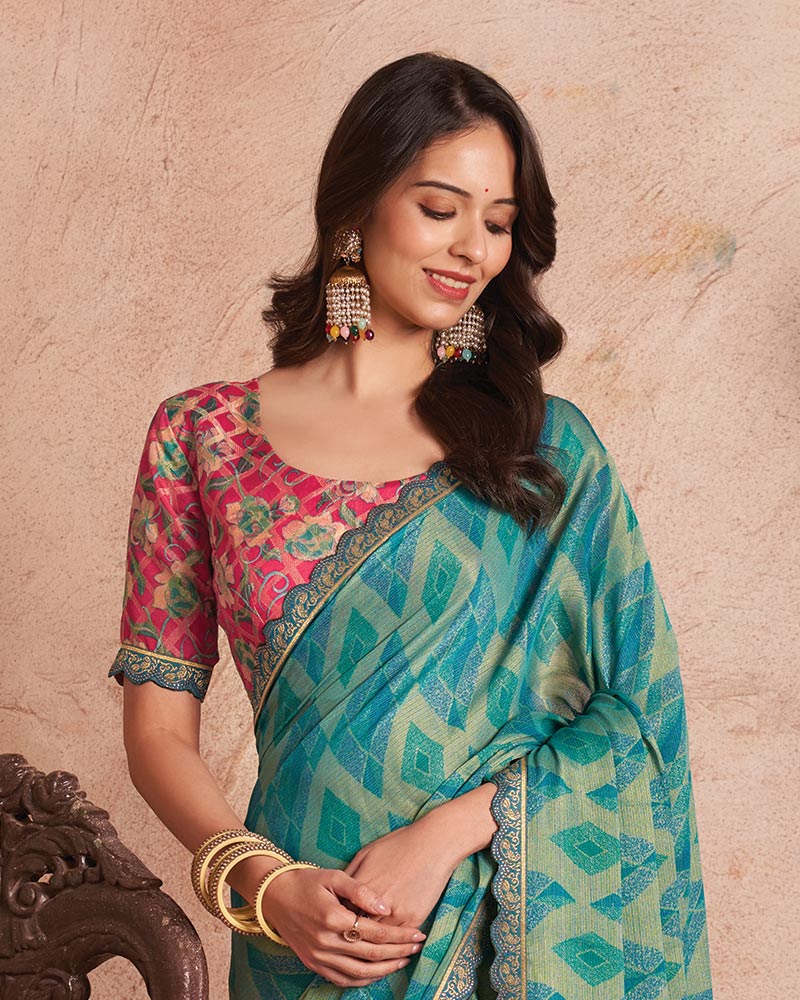 Vishal Prints Fountain Blue Printed Fancy Brasso Saree With Cut Work Border