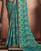 Vishal Prints Fountain Blue Printed Fancy Brasso Saree With Cut Work Border