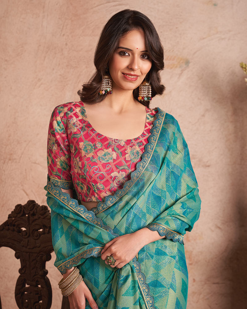 Vishal Prints Fountain Blue Printed Fancy Brasso Saree With Cut Work Border