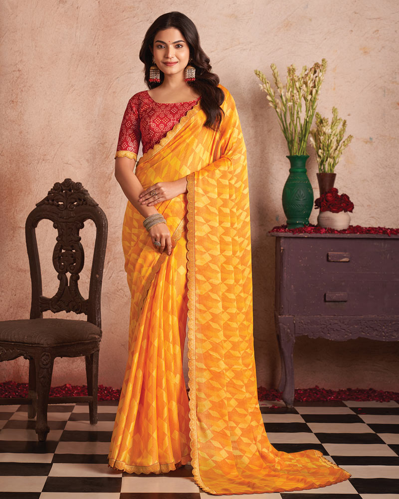 Vishal Prints Sunshine Orange Printed Fancy Brasso Saree With Cut Work Border